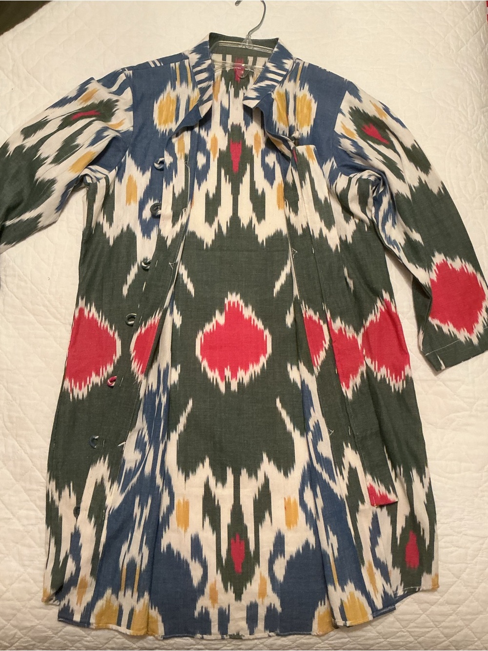 Ikat Print Frog-Toggle Front Closure Women’s Tunic Caftan